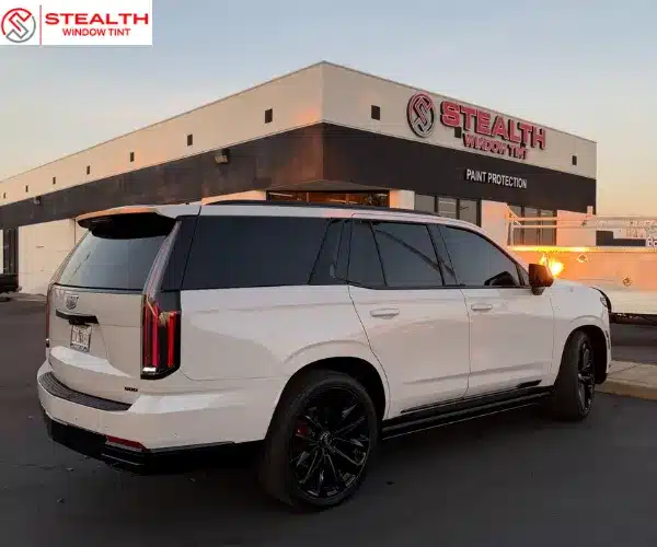 A rear three-quarter view of a white luxury SUV with dark tinted windows and black wheels.
